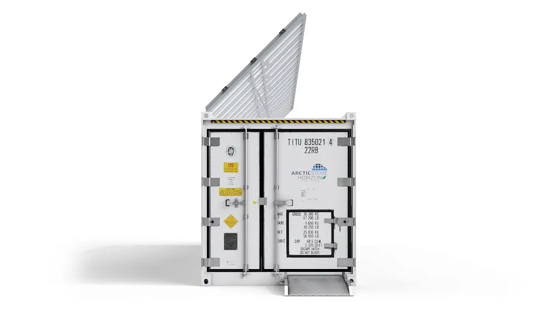 40ft ArcticStore Horizon partea din față cu Panouri Solare 45 grade